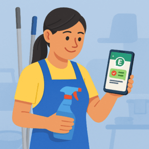 Schoonmaakmedewerker bekijkt via haar telefoon een WhatsApp-bericht van E-lia over werkinstructies en veiligheid.